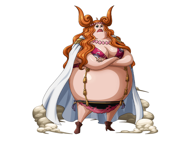 blue_eyes boa_marigold bodskih boots breasts cape cleavage crossed_arms curly_hair epaulettes fat flower full_body hair_flower hair_ornament large_breasts long_hair midriff official_art one_piece orange_hair solo transparent_background