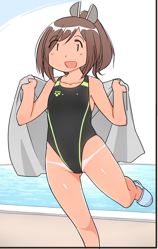alternate_costume black_swimsuit brown_hair competition_swimsuit feet_out_of_frame grey_towel hair_ornament hairclip highleg highleg_swimsuit i-401_(kantai_collection) kantai_collection one-piece_swimsuit ponytail pool poolside sandals short_ponytail solo standing standing_on_one_leg swimsuit swimsuit_tan tan tanline zuizou |_|