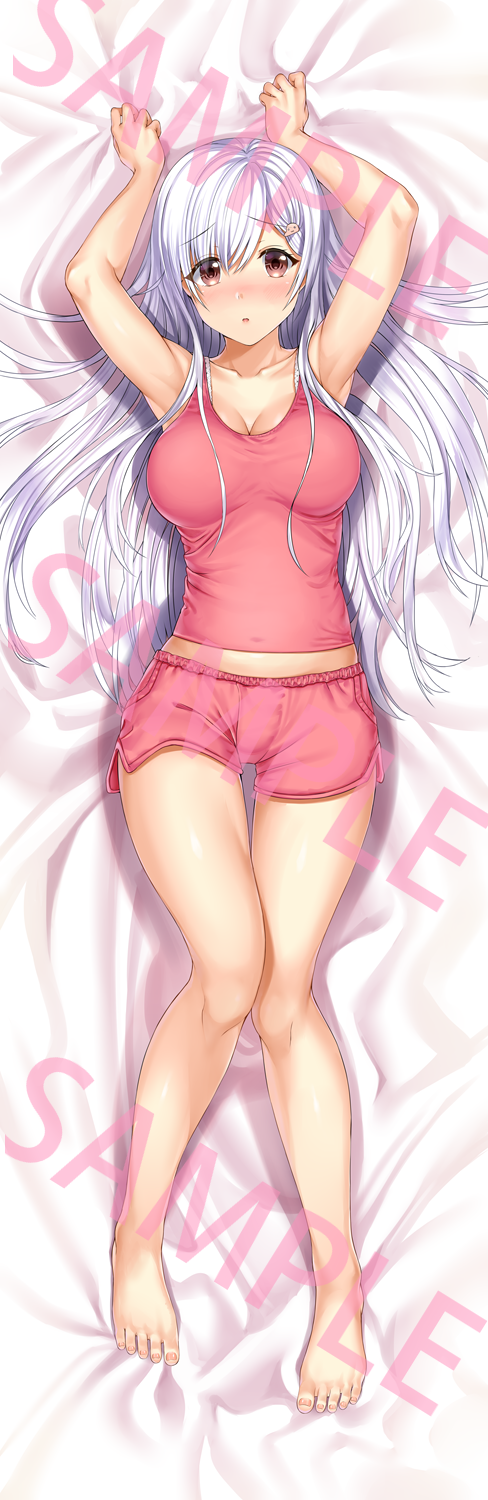 aldehyde armpits arms_up barefoot bed_sheet blush boyshorts breasts cleavage collarbone commentary_request dakimakura eyebrows_visible_through_hair eyes_visible_through_hair full_body hair_between_eyes hair_ornament hair_spread_out hairclip highres large_breasts legs long_hair looking_at_viewer lying neeko nose_blush on_back original pink_tank_top red_eyes sample silver_hair solo thigh_gap thighs