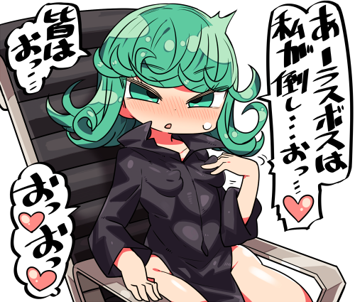 blush breasts chair covered_nipples curly_hair dress green_eyes green_hair groin half-closed_eyes hand_on_own_chest heart kanikama long_sleeves lowres one-punch_man pelvic_curtain short_hair simple_background sitting small_breasts solo speech_bubble sweatdrop tatsumaki translation_request white_background