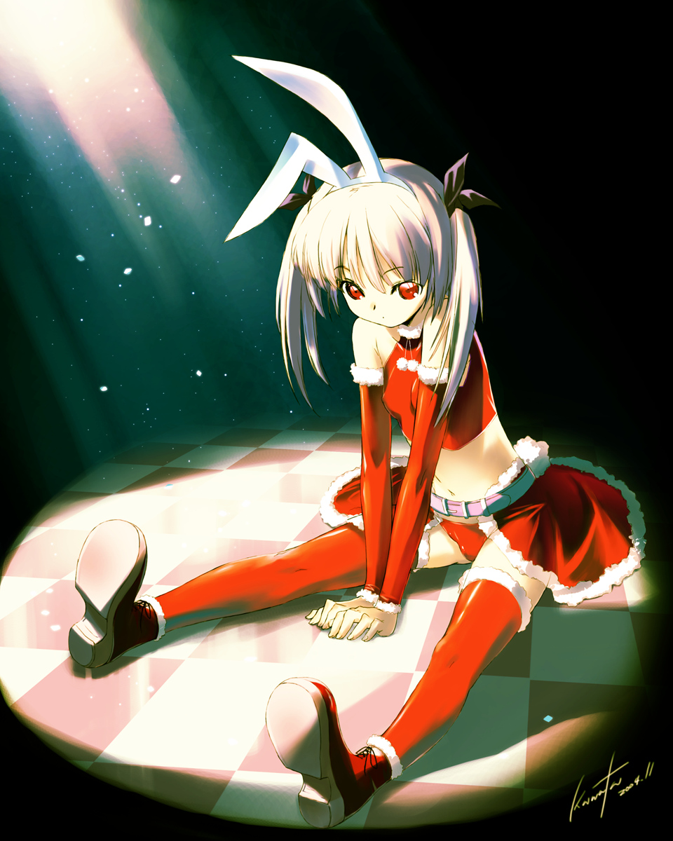 1girl animal_ears belt boots breasts bunny_ears christmas dated eyebrows_visible_through_hair fake_animal_ears fur_trim highres kawata_hisashi legs midriff panties red_eyes red_legwear red_panties shoes signature sitting skirt small_breasts snow snowing solo thighhighs underwear