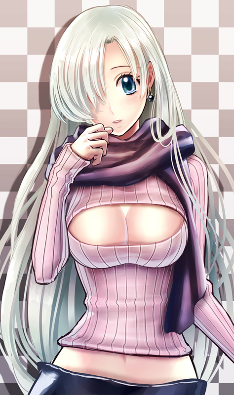 black_scarf blue_eyes breasts checkered checkered_background cleavage cleavage_cutout earrings elizabeth_liones hair_over_one_eye haru_(toyst) head_tilt jewelry large_breasts long_hair looking_at_viewer meme_attire midriff nanatsu_no_taizai navel open-chest_sweater parted_lips pink_sweater ribbed_sweater scarf silver_hair solo stomach sweater turtleneck turtleneck_sweater upper_body very_long_hair