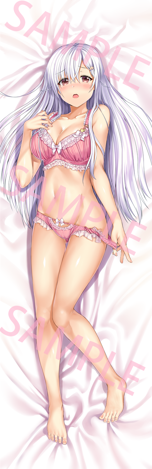 aldehyde bare_shoulders barefoot bed_sheet blush bow bow_bra bow_panties bra breasts cleavage collarbone dakimakura eyebrows_visible_through_hair eyes_visible_through_hair frilled_bra frilled_panties frills full_body hair_between_eyes hair_ornament hair_spread_out hairclip highres large_breasts legs long_hair looking_at_viewer lying navel neeko nose_blush on_back open_mouth original panties panty_pull pink_bra pink_panties red_eyes sample silver_hair solo stomach thigh_gap thighs underwear underwear_only white_bow