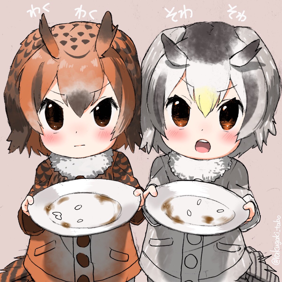 bird_tail bird_wings blonde_hair blush brown_hair buttons closed_mouth coat commentary_request eurasian_eagle_owl_(kemono_friends) eyebrows_visible_through_hair fur_collar kemono_friends long_sleeves multicolored_hair multiple_girls northern_white-faced_owl_(kemono_friends) open_mouth owl_ears plate short_hair turbo_engine_(rakugaki_tabo) white_hair wings younger