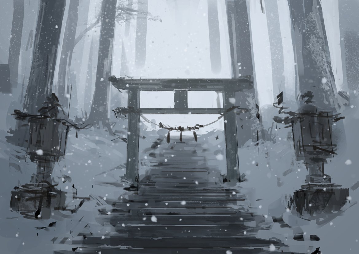 commentary forest greyscale lantern monochrome nature no_humans original outdoors pikumin snow snowing solo stairs torii tree