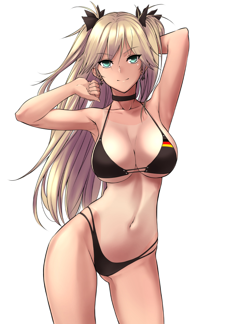 admiral_hipper_(azur_lane) alternate_breast_size alternate_costume alternate_eye_color arm_behind_head arm_up armpits ass_visible_through_thighs azur_lane bangs bare_shoulders bikini black_bikini black_ribbon blonde_hair breasts choker cleavage clenched_hand closed_mouth collarbone commentary contrapposto cowboy_shot cross cross_earrings din_(raiden) earrings eyebrows_visible_through_hair flag_print german_flag german_flag_bikini germany green_eyes groin hair_between_eyes hair_ribbon hand_in_hair highleg highleg_bikini iron_cross jewelry large_breasts long_hair looking_at_viewer navel one-piece_tan ribbon simple_background smile solo standing stomach swimsuit tan tanline tsurime two_side_up white_background