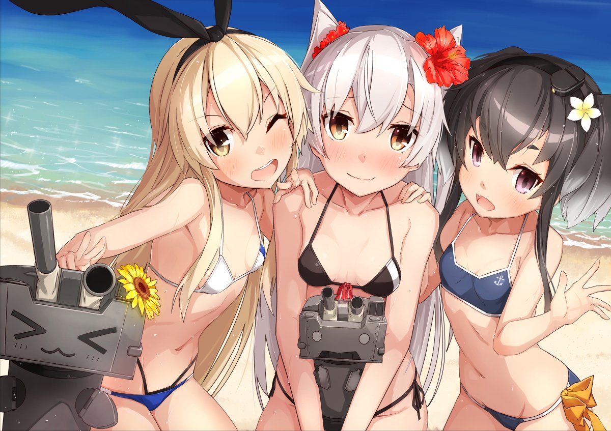 :d ;d adapted_costume amatsukaze_(kantai_collection) beach bikini black_bikini black_hair blush breasts brown_eyes closed_mouth collarbone cowboy_shot day eyebrows_visible_through_hair fang flat_chest flower girl_sandwich hair_flower hair_ornament hair_ribbon hairband halterneck hand_on_another's_shoulder hat hibiscus highleg highleg_bikini kantai_collection long_hair looking_at_viewer mini_hat multi-strapped_bikini multiple_girls navel one_eye_closed open_mouth outdoors outstretched_hand purple_eyes rensouhou-chan rensouhou-kun ribbon sandwiched shimakaze_(kantai_collection) short_hair_with_long_locks side-tie_bikini small_breasts smile sweat swimsuit takanashi_kei_(hitsujikan) tokitsukaze_(kantai_collection)