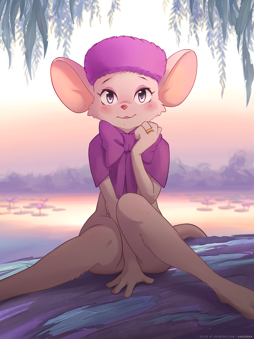 ancesra anthro blush bottomless clothed clothing convenient_censorship disney female fur hat looking_at_viewer mammal miss_bianca mouse purple_eyes ribbons ring rodent sitting the_rescuers the_rescuers_down_under white_fur