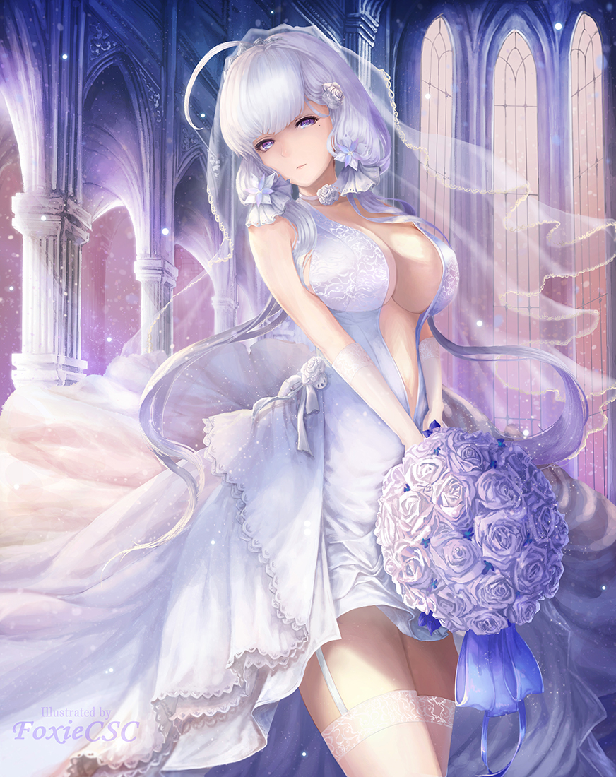 alternate_costume alternate_hairstyle arm_behind_back artist_name azur_lane bangs blue_eyes blush bouquet breasts bridal_veil bride church cleavage collarbone commentary cowboy_shot day dress elbow_gloves english_commentary flower foxiecsc garter_straps gloves hair_flower hair_ornament hair_ribbon hand_up head_tilt holding holding_bouquet illustrious_(azur_lane) indoors jewelry large_breasts light_particles long_hair looking_at_viewer low_twintails mole mole_under_eye no_bra ribbon sky smile solo sparkle sun thighhighs thighs tress_ribbon twintails veil wedding_dress white_dress white_gloves white_hair white_legwear