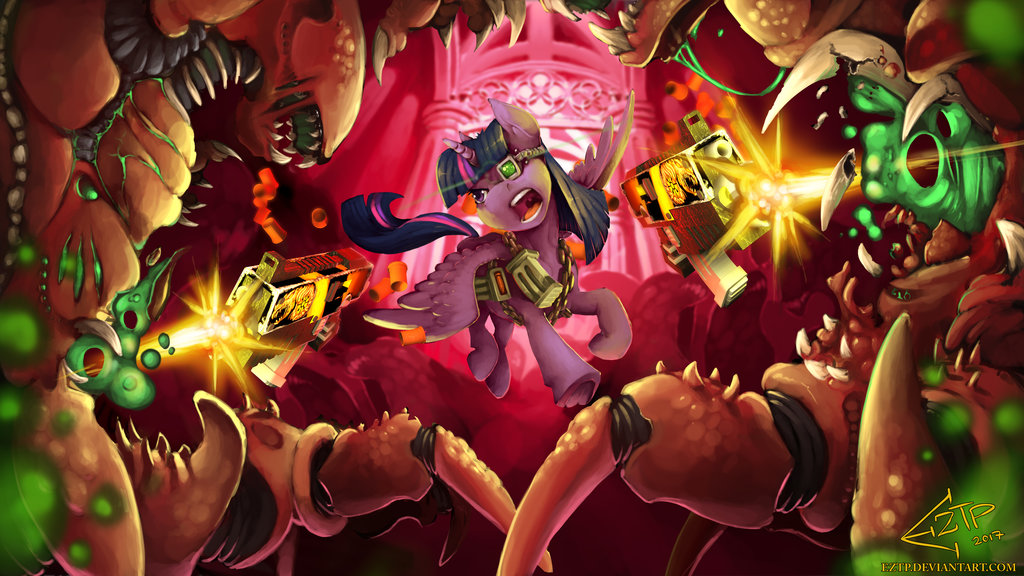 ammunition angry battle bolter detailed_background equine eztp feathered_wings feathers female firing flying friendship_is_magic fur horn levitation looking_aside mammal multicolored_mane my_little_pony open_mouth pink_mane purple_eyes purple_fur purple_mane quadruped ranged_weapon solo teeth tongue twilight_sparkle_(mlp) warhammer_(franchise) weapon winged_unicorn wings