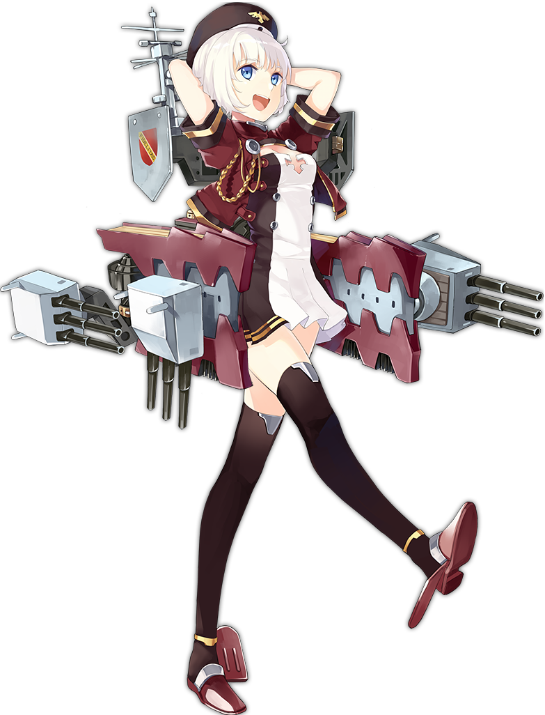:d aiguillette arms_behind_head azur_lane bangs black_hat black_legwear blue_eyes breasts cropped_jacket dress eyebrows eyebrows_visible_through_hair full_body hao_(patinnko) hat jacket karlsruhe_(azur_lane) leg_up military military_uniform official_art open_mouth red_footwear red_jacket shoes short_dress short_hair short_sleeves small_breasts smile solo standing standing_on_one_leg tachi-e teeth thighhighs tongue transparent_background uniform white_hair zettai_ryouiki
