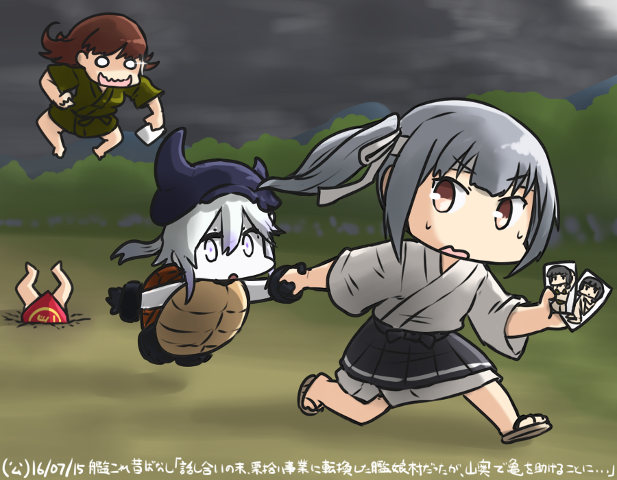 brown_eyes commentary_request dated destroyer_hime dudou fleeing gloves hachimaki hair_between_eyes hamu_koutarou hat headband inugami-ke_no_ichizoku_pose kagerou_(kantai_collection) kantai_collection kasumi_(kantai_collection) kitakami_(kantai_collection) long_hair multiple_girls open_mouth photo_(object) pleated_skirt shinkaisei-kan side_ponytail silver_hair skirt sweat turtle_shell white_hair white_skin