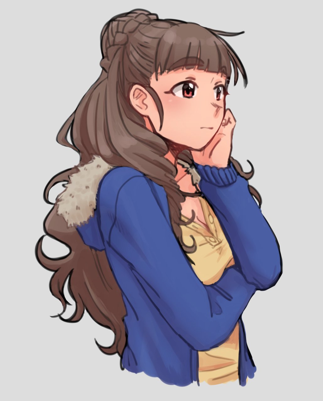 bangs blue_coat blunt_bangs breasts brown_hair closed_mouth coat collarbone eyebrows_visible_through_hair hair_bun hand_on_own_cheek highres idolmaster idolmaster_cinderella_girls kamiya_nao long_hair long_sleeves looking_afar medium_breasts open_clothes open_coat red_eyes rokettopencil shirt simple_background solo standing thick_eyebrows upper_body white_background yellow_shirt