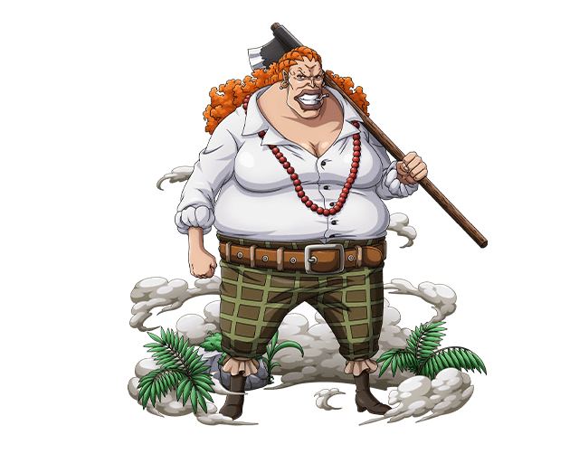 axe belt bodskih boots breasts cigarette cleavage curly_dadan curly_hair earrings fat full_body jewelry leaf long_hair necklace official_art one_piece orange_hair solo teeth transparent_background