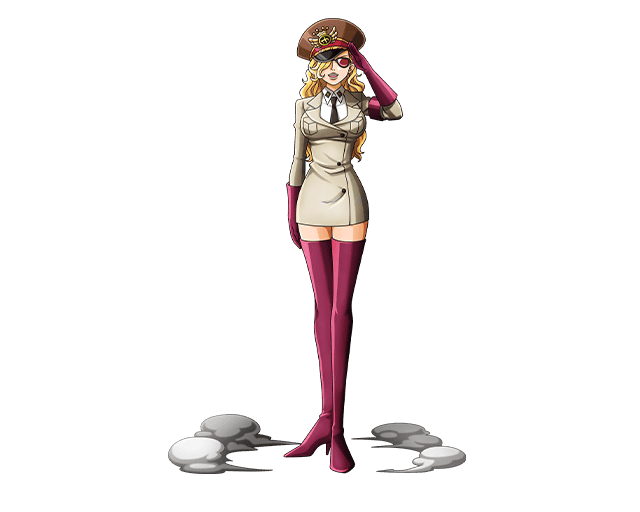 blonde_hair bodskih boots curly_hair domino_(one_piece) full_body gloves hat high_heel_boots high_heels long_hair military military_hat military_uniform necktie official_art one_piece open_mouth solo sunglasses transparent_background uniform