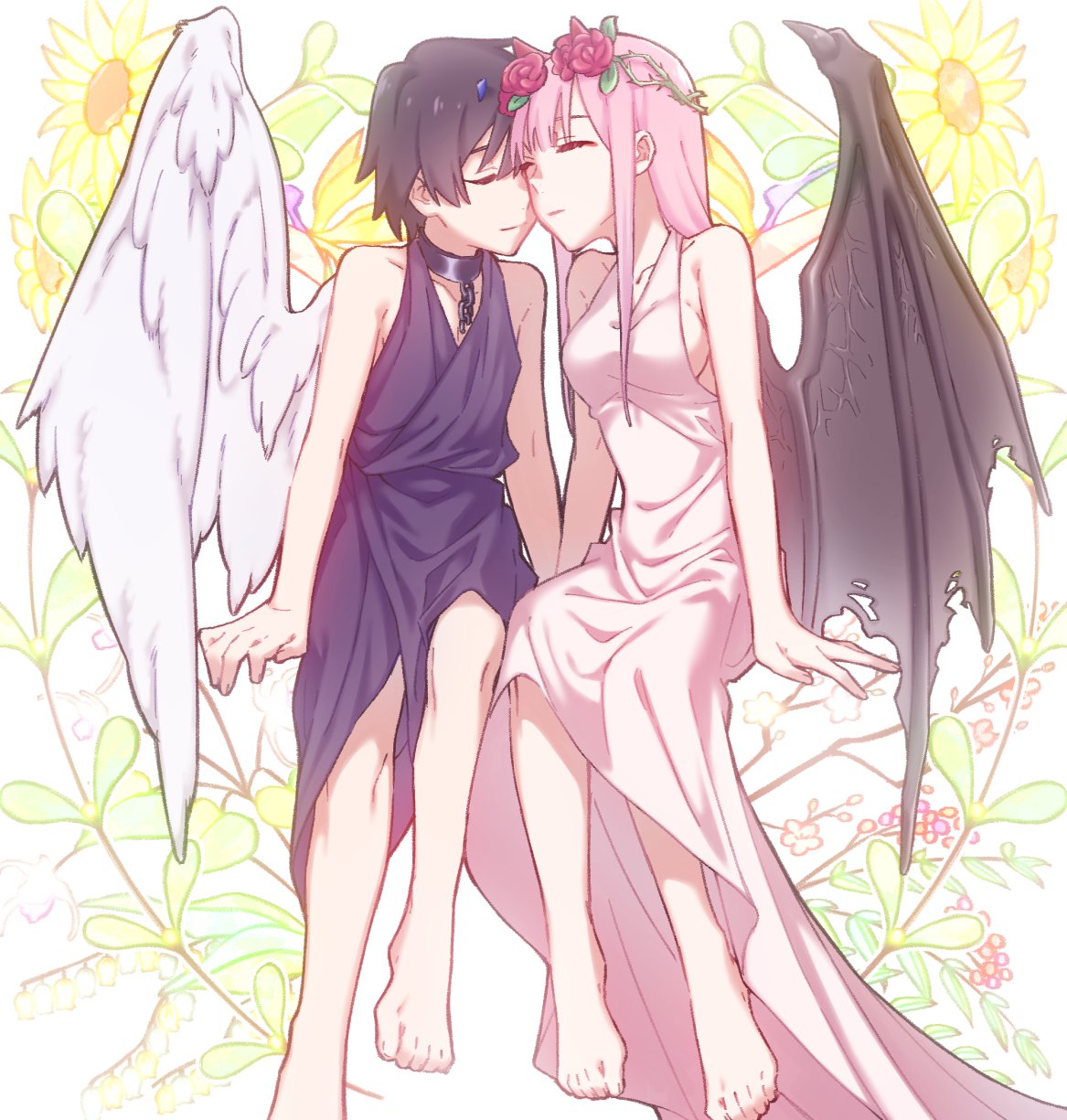 1girl angel_and_devil angel_wings bangs barefoot black_collar black_hair black_wing blue_horns breasts chain chain_necklace cleavage closed_eyes collar collarbone commentary_request couple darling_in_the_franxx demon_wings dress flower forehead-to-forehead hair_flower hair_ornament hetero highres hiro_(darling_in_the_franxx) horns jewelry leje39 long_hair md5_mismatch medium_breasts necklace oni_horns pink_dress pink_hair red_horns single_wing sitting sleeveless sleeveless_dress wings zero_two_(darling_in_the_franxx)