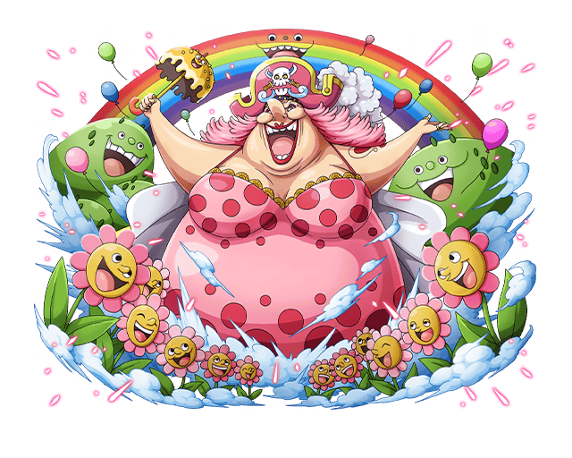 balloon bodskih breasts cake charlotte_linlin cleavage dress fat flower food hat jewelry leaf lipstick long_hair makeup official_art one_piece open_mouth pink_hair pirate_hat rainbow ring solo teenage teeth thumb_ring transparent_background umbrella