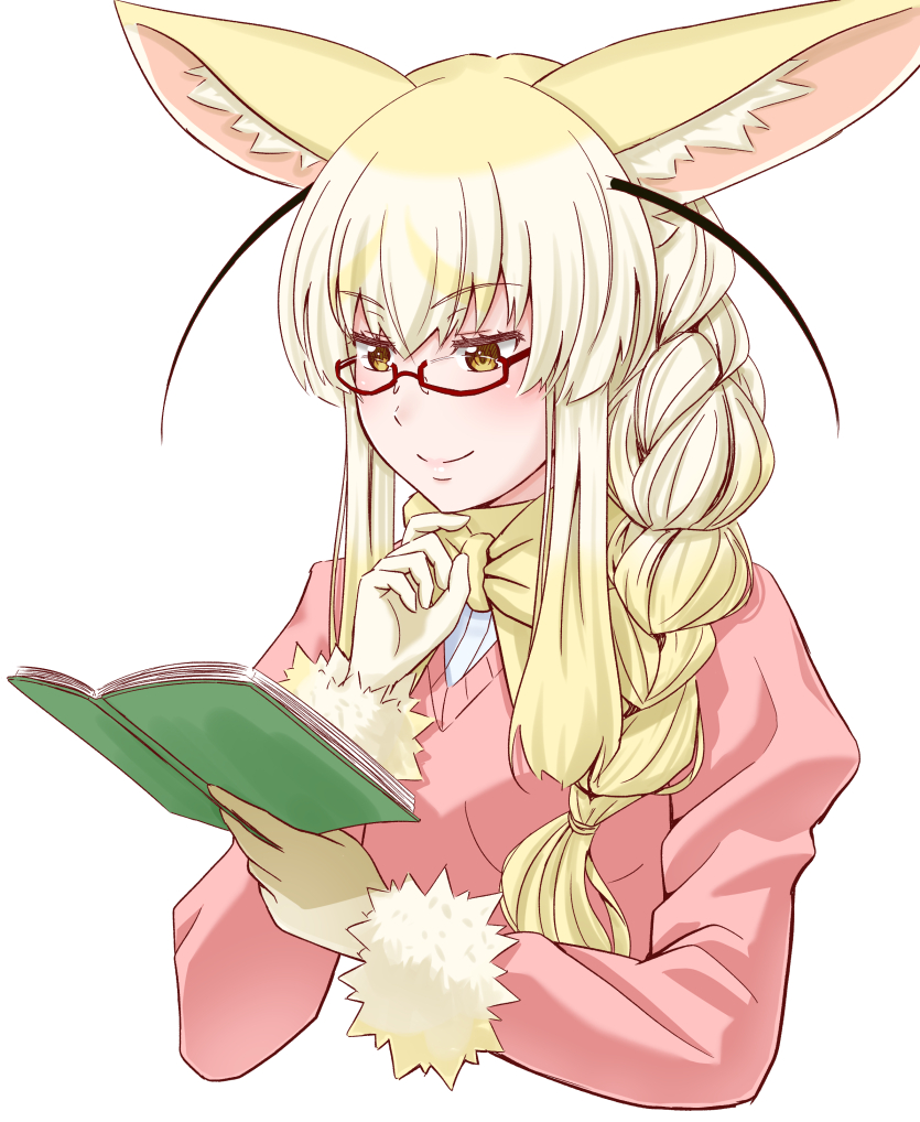 adapted_costume alternate_hairstyle animal_ears bespectacled blonde_hair blush book braid brown_eyes closed_mouth commentary_request fennec_(kemono_friends) glasses holding holding_book kemono_friends long_sleeves looking_away multicolored_hair pink_sweater reading semi-rimless_eyewear smile solo sweater takatsuki_nao two-tone_hair upper_body white_hair