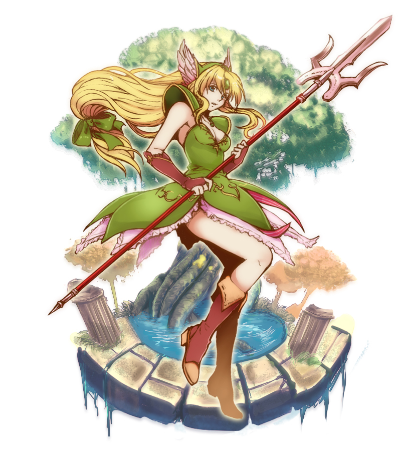 blonde_hair blue_eyes boots bow breasts bridal_gauntlets brown_footwear cleavage dress forehead_jewel frilled_dress frills full_body green_bow green_dress hair_bow holding holding_spear holding_weapon koshi_(meermisa) long_hair looking_at_viewer low-tied_long_hair pauldrons polearm riesz seiken_densetsu seiken_densetsu_3 small_breasts solo spear tree water weapon