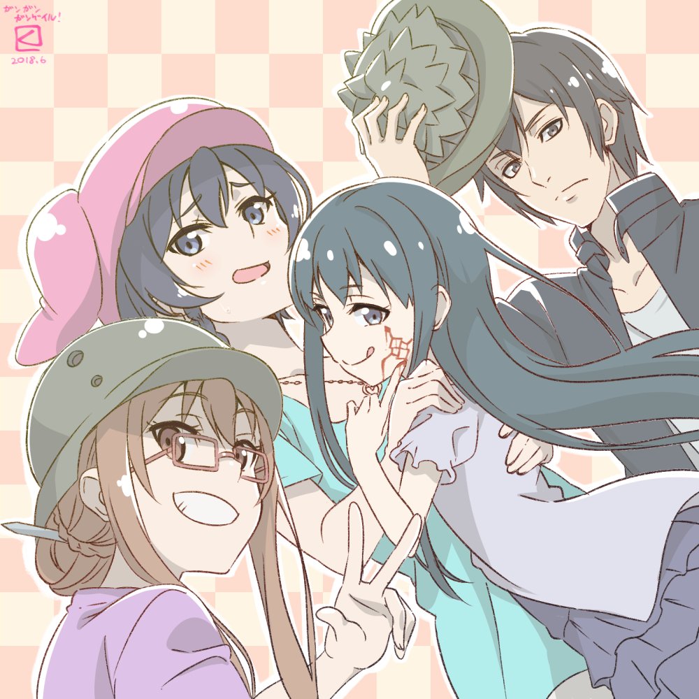 3girls :p asougi_goushi black_eyes black_hair blush character_request commentary cosplay fukaziroh_(sao) fukaziroh_(sao)_(cosplay) glasses hat helmet kanzaki_elsa kohiruimaki_karen kueru_(yuuki_tamerawanai) llenn_(sao) llenn_(sao)_(cosplay) long_hair m_(sao) m_(sao)_(cosplay) multiple_girls pitohui_(sao) pitohui_(sao)_(cosplay) shinohara_miyu_(sao) spoilers sword_art_online sword_art_online_alternative:_gun_gale_online tongue tongue_out