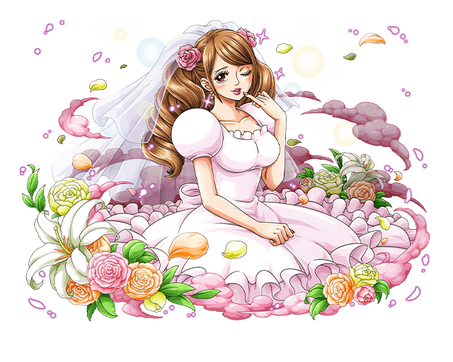 blush bodskih breasts bridal_veil brown_eyes brown_hair charlotte_pudding cleavage dress earrings flower hair_flower hair_ornament jewelry leaf lipstick long_hair makeup official_art one_eye_closed one_piece open_mouth petals sitting solo sparkle transparent_background twintails veil wedding_dress
