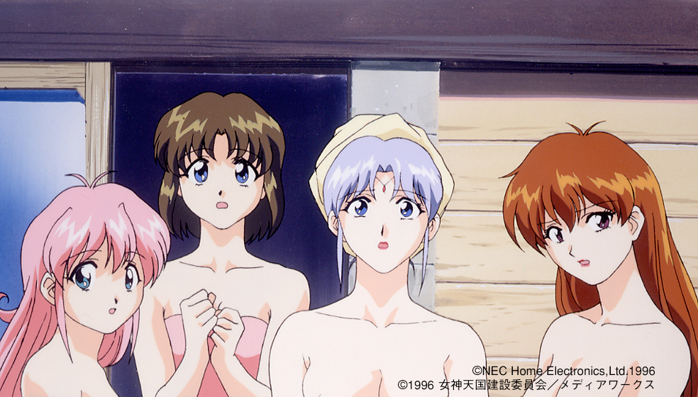 4girls 90s :o blue_eyes breasts brown_hair collarbone copyright copyright_name dated juliana_(megami_paradise) large_breasts lilith_(megami_paradise) lipstick long_hair looking_at_viewer makeup medium_breasts megami_paradise multiple_girls naked_towel nec official_art onsen open_mouth out-of-frame_censoring pink_hair pink_towel red_eyes red_hair red_lipstick rurubell short_hair silver_hair stashia towel towel_on_head upper_body yellow_towel