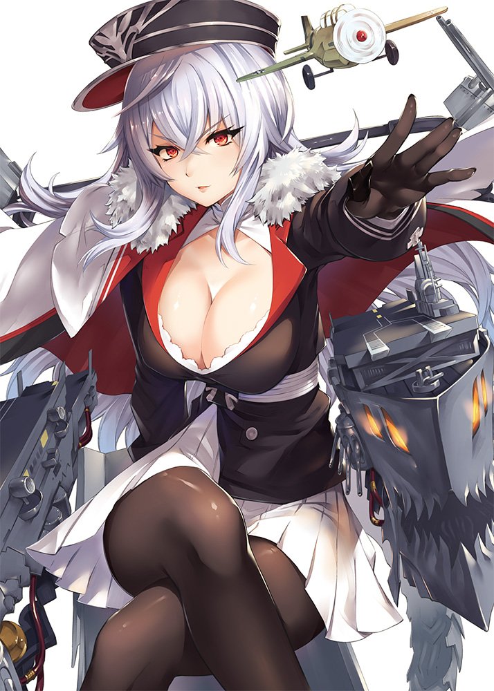 aircraft airplane akanagi_youto azur_lane bangs black_jacket black_legwear breasts cleavage commentary crossed_legs eyebrows_visible_through_hair fur_trim gloves graf_zeppelin_(azur_lane) hair_between_eyes hat jacket large_breasts long_hair looking_at_viewer military military_uniform miniskirt outstretched_arm pantyhose parted_lips peaked_cap red_eyes ship silver_hair sitting skirt solo uniform watercraft white_skirt