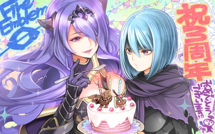 armor berka_(fire_emblem_if) blue_hair breasts cake camilla_(fire_emblem_if) candle cleavage commentary_request fire_emblem fire_emblem_cipher fire_emblem_if food fork gloves hair_over_one_eye headband holding holding_fork large_breasts long_hair multiple_girls open_mouth plate purple_eyes purple_gloves purple_hair short_hair tiara toyo_sao vambraces wavy_hair