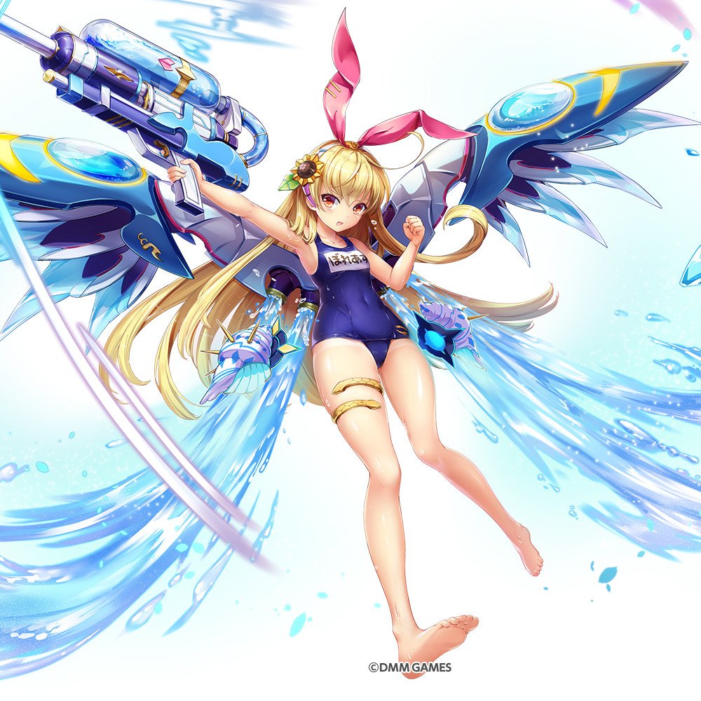 1girl blonde_hair blue_swimsuit boreas_(kamihime) kamihime_project_r legs one_piece_swimsuit swimsuit water watergun wings