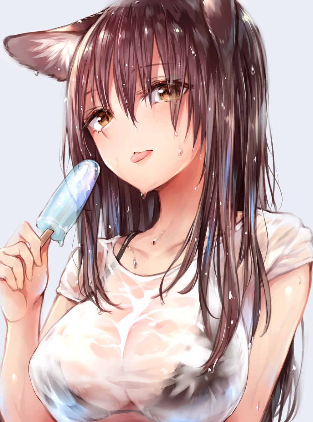 :p animal_ears bangs bikini bikini_under_clothes black_bikini_top blush breasts brown_eyes brown_hair collarbone eyebrows_visible_through_hair food fox_ears hair_between_eyes highres large_breasts long_hair looking_at_viewer original popsicle see-through shirt short_sleeves simple_background solo sukemyon swimsuit tongue tongue_out upper_body wet wet_clothes wet_hair white_shirt