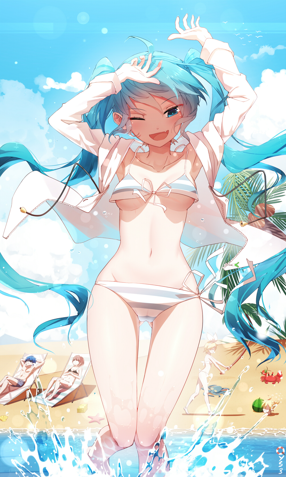 bikini cameltoe hatsune_miku kagamine_len kagamine_rin kaito meiko sen_ya swimsuits underboob vocaloid