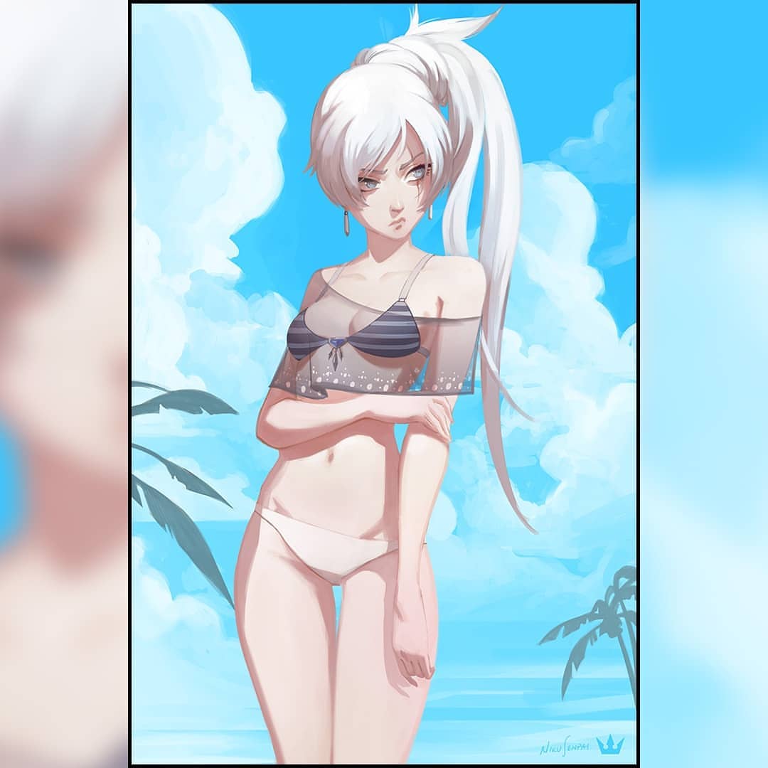 artist_name bangs bare_arms bare_shoulders bikini blue_eyes blue_sky breasts cleavage closed_mouth cloud collarbone commentary day earrings english_commentary groin hand_on_own_arm jewelry long_hair navel nikusenpai outdoors palm_tree ponytail rwby scar scar_across_eye see-through sky small_breasts solo standing stomach striped_bikini_top swept_bangs swimsuit thigh_gap thighs tree weiss_schnee white_bikini_bottom white_hair zoom_layer