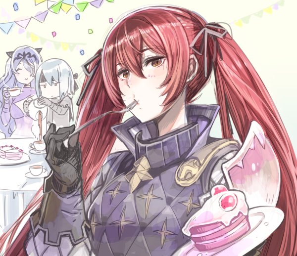 armor berka_(fire_emblem_if) black_gloves black_ribbon blue_hair cake camilla_(fire_emblem_if) closed_eyes commentary_request cup fire_emblem fire_emblem_if food fork gloves hair_over_one_eye headband holding holding_cup holding_fork long_hair luna_(fire_emblem_if) multiple_girls plate pouring purple_hair red_hair ribbon short_hair smile table teacup teapot tiara toyo_sao twintails