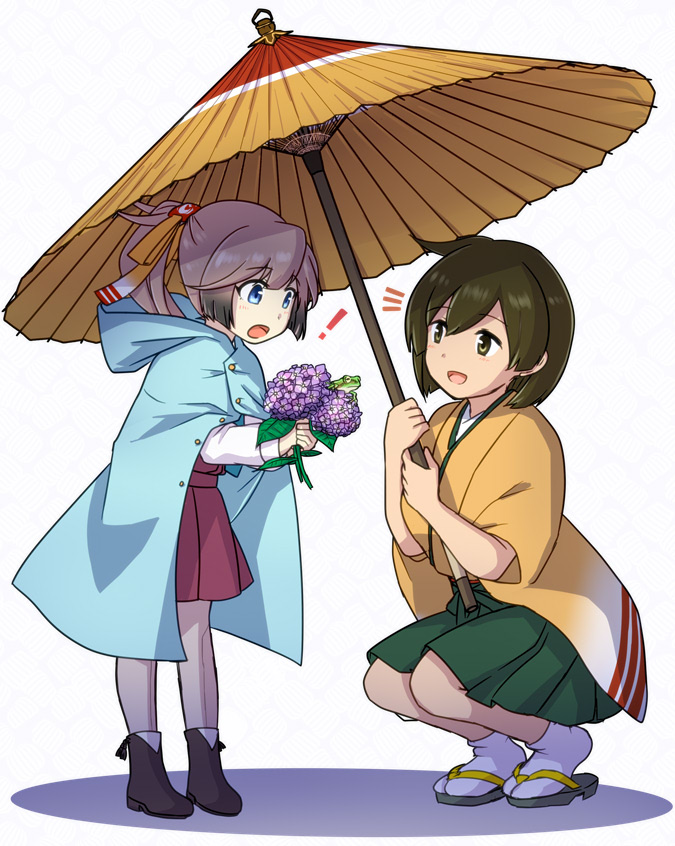2girls :d :o blue_eyes brown_eyes brown_hair commentary_request flower frog full_body hair_ribbon hiryuu_(kantai_collection) hydrangea iwana kantai_collection kazagumo_(kantai_collection) multiple_girls open_mouth oriental_umbrella pantyhose ponytail raincoat ribbon shared_umbrella simple_background smile squatting standing umbrella white_background