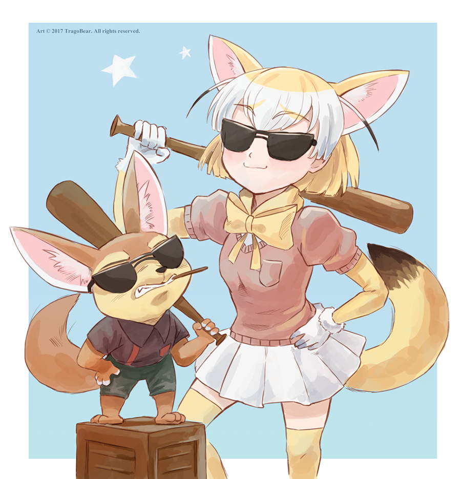 1girl :3 animal_ears baseball_bat commentary disney fennec_(kemono_friends) finnick_(zootopia) fox_ears fox_tail kemono_friends miniskirt pantyhose ribbon skirt smile tail tragobear trait_connection zootopia