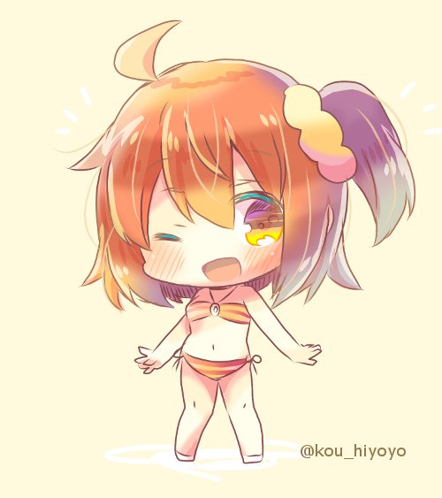 ;d ahoge bangs bare_arms bare_legs bare_shoulders bikini blush brilliant_summer brown_eyes brown_hair chibi commentary_request eyebrows_visible_through_hair fate/grand_order fate_(series) fujimaru_ritsuka_(female) full_body hair_between_eyes hair_ornament hair_scrunchie halter_top halterneck kouu_hiyoyo looking_at_viewer o-ring o-ring_bikini o-ring_top one_eye_closed one_side_up open_mouth orange_scrunchie scrunchie side-tie_bikini smile solo standing striped striped_bikini swimsuit twitter_username white_footwear yellow_background