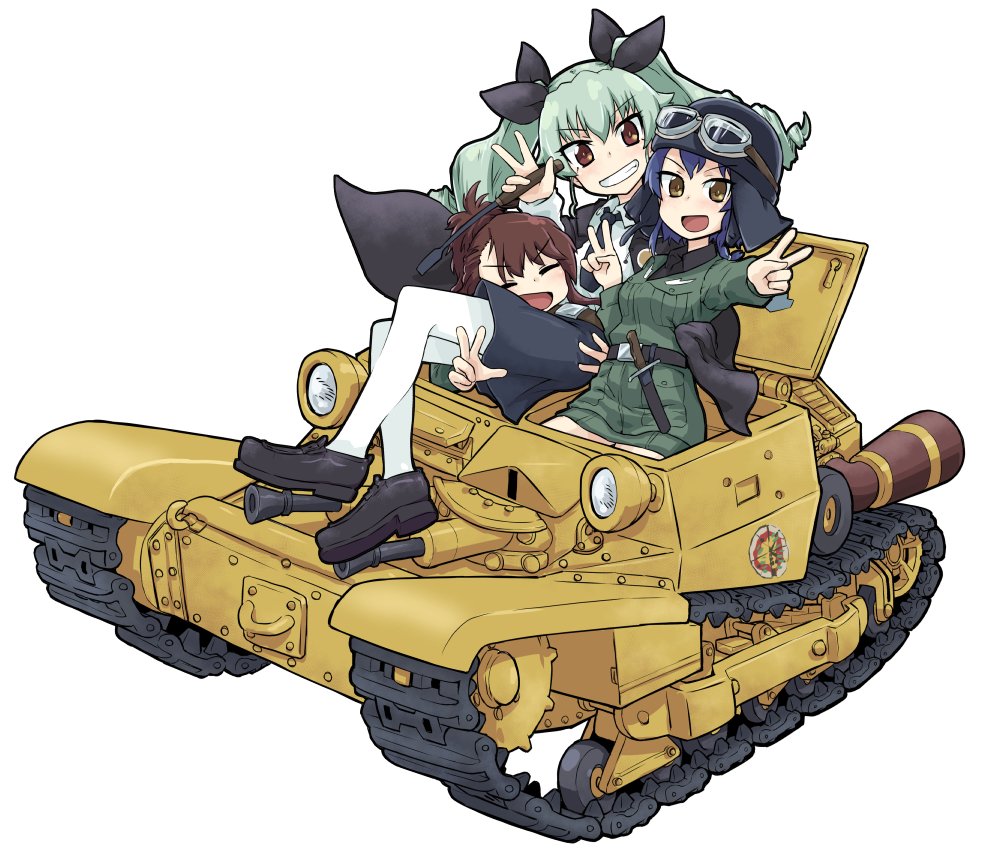 amaretto_(girls_und_panzer) anchovy anzio_(emblem) anzio_military_uniform anzio_school_uniform asymmetrical_bangs bangs belt black_belt black_cape black_footwear black_hair black_hat black_neckwear black_ribbon black_skirt braid brown_hair cape carro_veloce_cv-33 closed_eyes commentary double_v dress_shirt drill_hair emblem girls_und_panzer goggles goggles_on_headwear green_hair grey_jacket grey_skirt grin ground_vehicle hair_ribbon half_updo hat helmet holding jacket knife loafers long_hair long_sleeves looking_at_viewer military military_uniform military_vehicle miniskirt monolith_(suibou_souko) motor_vehicle multiple_girls necktie open_mouth pantyhose pencil_skirt pepperoni_(girls_und_panzer) pleated_skirt red_eyes ribbon riding riding_crop school_uniform shirt shoes short_hair side_braid simple_background sitting skirt smile tank twin_drills twintails uniform v w white_background white_legwear white_shirt