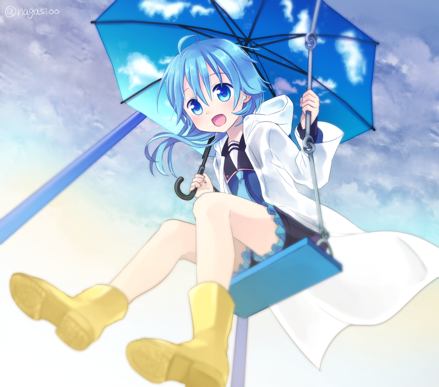 ahoge asymmetrical_hair blue_eyes blue_hair boots cloud cloudy_sky commentary_request from_below kantai_collection looking_at_viewer minazuki_(kantai_collection) nagasioo raincoat rubber_boots shorts sky sky_print solo swing swing_set twitter_username umbrella yellow_footwear