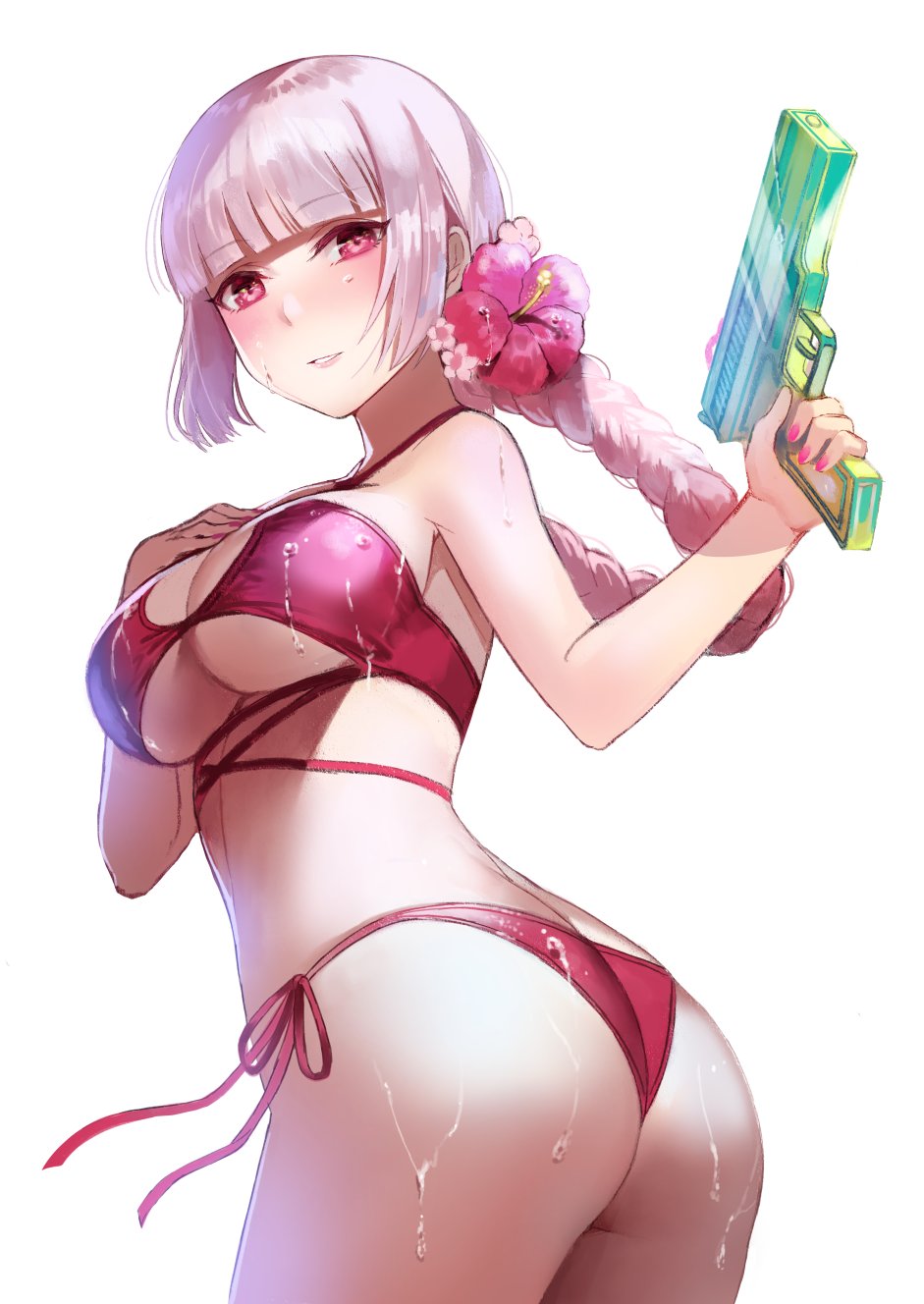 ass bangs bare_shoulders bikini blunt_bangs braid breasts cleavage commentary fate/grand_order fate_(series) fingernails florence_nightingale_(fate/grand_order) flower from_side hair_flower hair_ornament hand_on_own_chest hibiscus highres large_breasts lips long_hair looking_at_viewer nail_polish parted_lips pink_eyes pink_hair red_swimsuit side-tie_bikini simple_background solo swimsuit terai_(teraimorimori) trigger_discipline twisted_torso water_gun wet white_background