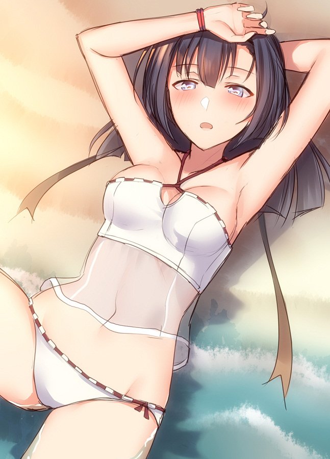akizuki_(kantai_collection) alternate_costume armpits arms_up bangs bare_shoulders beach bikini bikini_bottom black_hair blue_eyes blush breasts cleavage cleavage_cutout collarbone commentary_request day eyebrows_visible_through_hair groin hair_ribbon hairband half-closed_eyes hand_behind_head hand_on_own_head kantai_collection knee_up long_hair looking_at_viewer lying medium_breasts navel ocean on_back open_mouth outdoors pallad partially_submerged ponytail ribbon sand see-through sidelocks solo stomach swimsuit thighs waves white_bikini wristband