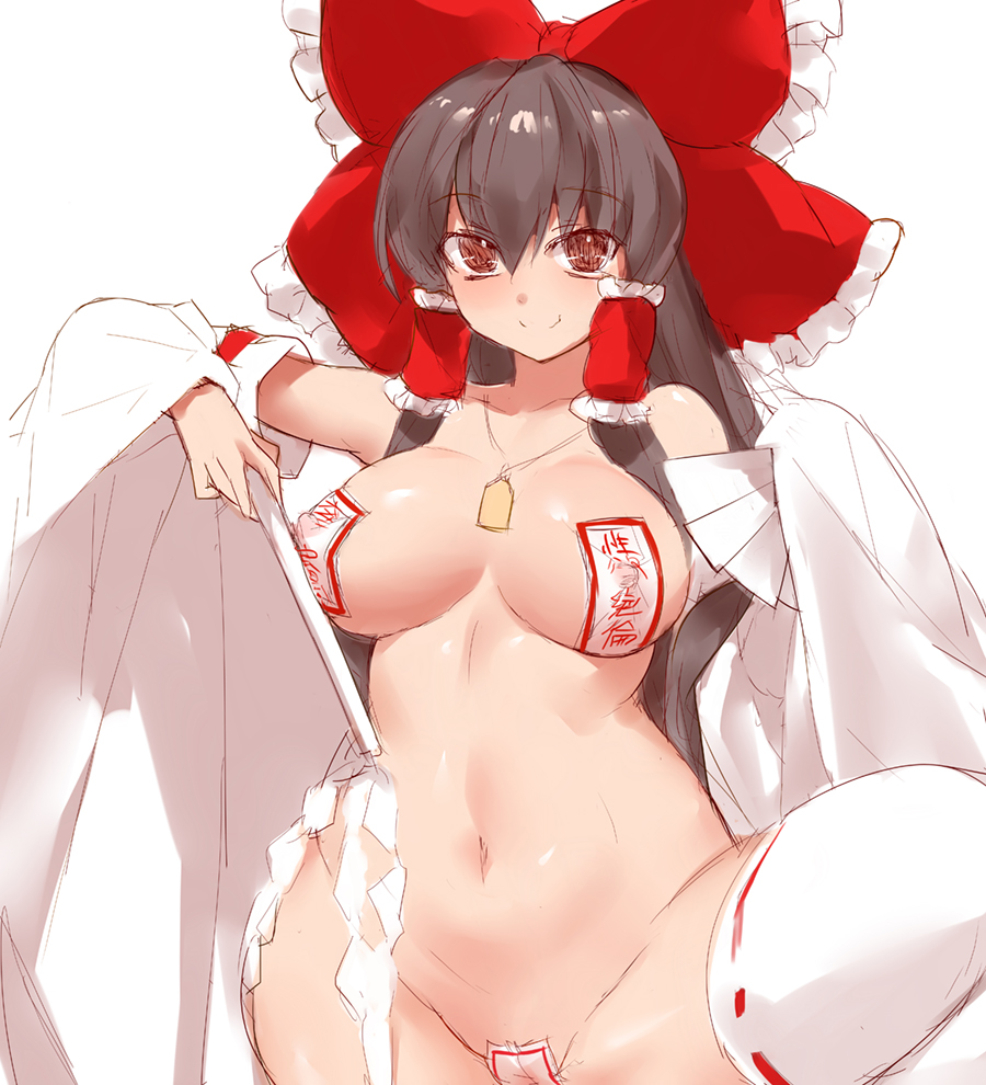 black_hair bow breasts brown_eyes covered_nipples curvy hair_bow hakurei_reimu jewelry large_breasts leg_up long_hair looking_at_viewer maebari navel necklace nude pasties simple_background sketch smile solo thighhighs thighs touhou white_background white_legwear yostxxx