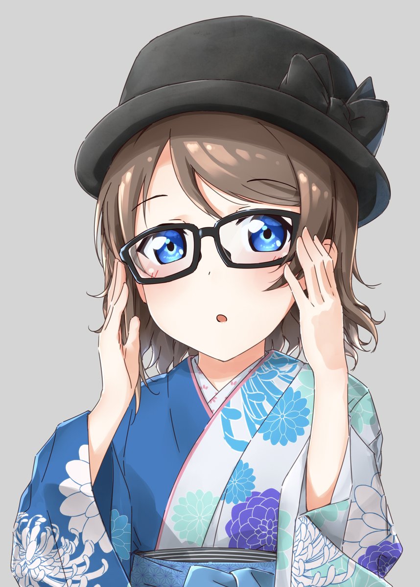 :o adjusting_eyewear black-framed_eyewear black_bow black_hat blue_eyes bow commentary_request cover cover_page doujin_cover glasses grey_background grey_hair hat hat_bow highres japanese_clothes kimono love_live! love_live!_sunshine!! obi sash short_hair simple_background solo suke_(momijigari) upper_body watanabe_you wide_sleeves