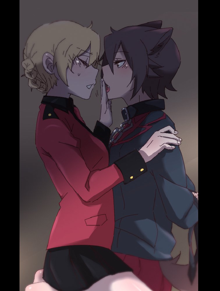animal_ears arms_behind_back bangs black_jacket black_skirt blonde_hair bound bound_arms braid brown_hair chain closed_eyes collar commentary darjeeling dog_collar dog_ears dog_tail epaulettes fang from_side girls_und_panzer half-closed_eyes hand_on_another's_mouth hand_on_another's_shoulder jacket kuromorimine_military_uniform lamen3000 long_sleeves military military_uniform miniskirt multiple_girls nishizumi_maho open_mouth pillarboxed pleated_skirt red_jacket red_skirt short_hair sitting skirt st._gloriana's_military_uniform straddling sweatdrop tail tied_hair twin_braids uniform upper_body