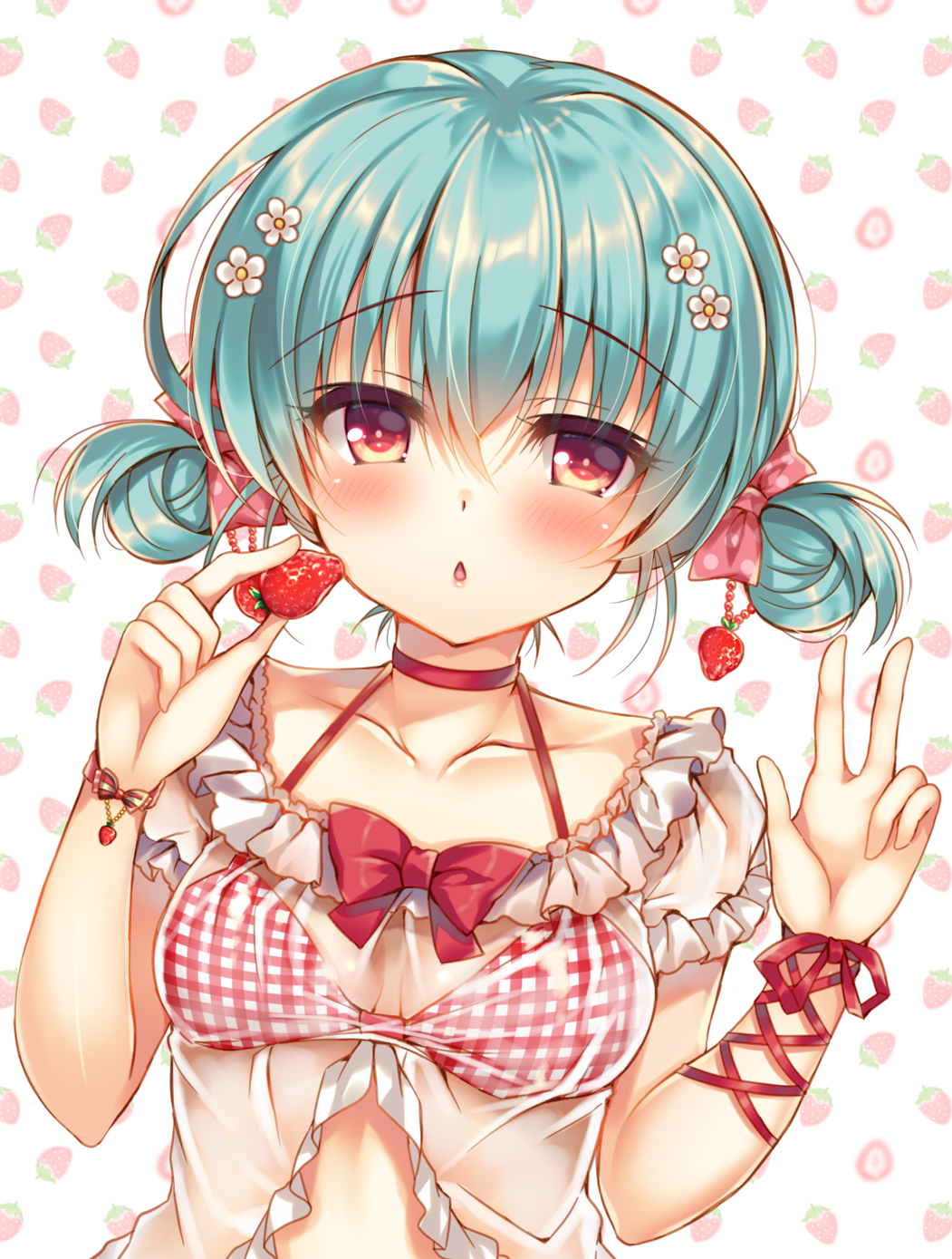babydoll bangs blue_hair blush bow bra breasts chestnut_mouth collarbone commentary_request double_bun eyebrows_visible_through_hair flower food food_themed_hair_ornament frills fruit hair_between_eyes hair_bow hair_flower hair_ornament halter_top halterneck hand_up highres holding holding_food holding_fruit looking_at_viewer original pink_bow plaid plaid_bra polka_dot polka_dot_bow red_bow red_bra red_eyes red_ribbon ribbon see-through shiny shiny_hair short_hair short_sleeves short_twintails small_breasts solo strawberry strawberry_background strawberry_hair_ornament suzune_rena twintails underwear upper_body w white_babydoll white_background white_flower wrist_ribbon wristband