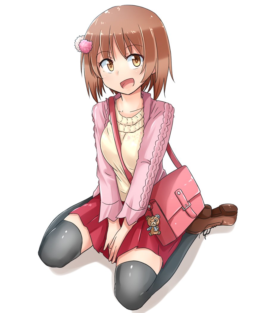 bag bangs black_legwear boko_(girls_und_panzer) brown_eyes brown_footwear brown_hair carrying casual commentary eyebrows_visible_through_hair full_body girls_und_panzer hair_ornament handbag kitayama_miuki long_sleeves looking_at_viewer miniskirt nishizumi_miho open_mouth pink_sweater pleated_skirt red_skirt shirt shoes short_hair simple_background sitting skirt smile solo stuffed_animal stuffed_toy sweater teddy_bear thighhighs v_arms white_background white_shirt
