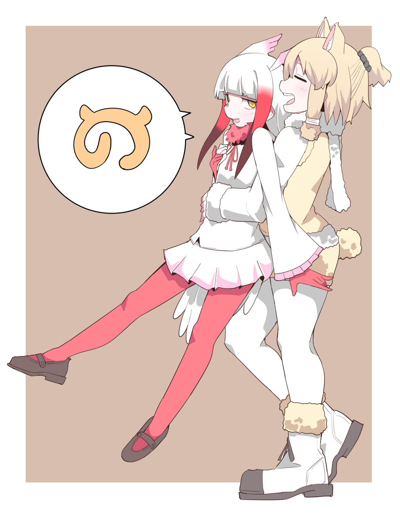alpaca_ears alpaca_suri_(kemono_friends) alpaca_tail animal_ears bangs beige_shorts beige_vest blonde_hair blunt_bangs boots brown_background closed_eyes extra_ears frame frilled_sleeves frills fur-trimmed_sleeves fur-trimmed_vest fur_collar fur_trim gloves hair_tie hand_on_another's_stomach hands_together head_wings hifumitaka hug hug_from_behind japanese_crested_ibis_(kemono_friends) japari_symbol kemono_friends long_sleeves miniskirt multicolored_hair multiple_girls open_mouth pantyhose pleated_skirt red_gloves red_hair red_legwear short_ponytail shorts skirt speech_bubble tail tail_feathers white_footwear white_hair white_legwear white_skirt wide_sleeves yellow_eyes