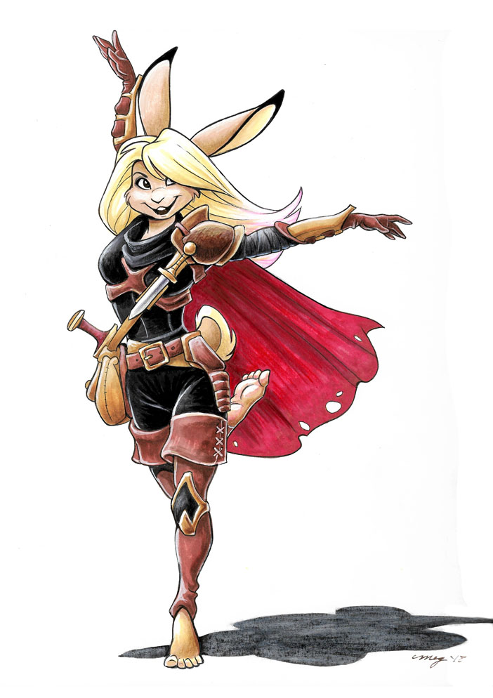 anthro armor bag barefoot blonde_hair candi_(megan_giles) cape clothed clothing dagger female fur hair lagomorph mammal megan_giles melee_weapon rabbit sketch smile solo tan_fur thief weapon