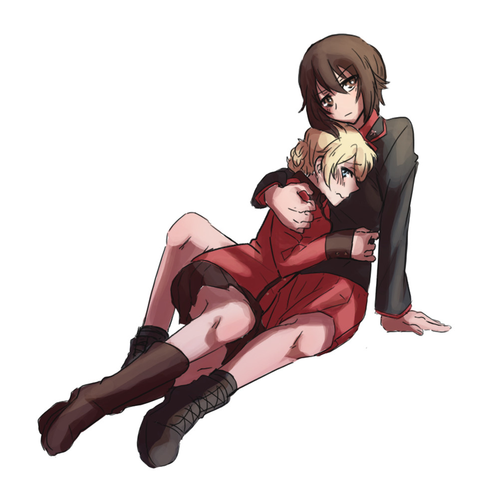 ankle_boots arm_around_shoulder arm_support bangs black_footwear black_jacket black_legwear black_skirt blonde_hair blue_eyes blush boots braid brown_eyes brown_hair closed_mouth commentary cross-laced_footwear darjeeling dress_shirt dutch_angle epaulettes frown full_body girls_und_panzer hug jacket kuromorimine_military_uniform lace-up_boots lamen3000 leaning_back long_sleeves looking_at_viewer looking_back lying military military_uniform miniskirt multiple_girls nishizumi_maho on_side pleated_skirt red_jacket red_shirt red_skirt shirt short_hair simple_background sitting skirt socks st._gloriana's_military_uniform tied_hair twin_braids uniform wavy_mouth white_background yuri