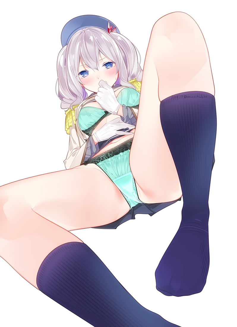 ama_mitsuki aqua_bra aqua_panties beret blue_eyes blue_legwear blush bra breasts commentary covering_mouth dutch_angle epaulettes fine_fabric_emphasis frilled_sleeves frills gloves hand_on_own_stomach hat jacket jacket_pull kantai_collection kashima_(kantai_collection) knee_up kneehighs lace lace-trimmed_bra lace-trimmed_panties large_breasts long_hair long_sleeves looking_at_viewer military military_jacket military_uniform no_shoes panties pleated_skirt shiny shiny_hair sidelocks silver_hair simple_background skindentation skirt socks solo tsurime twintails underwear uniform wavy_hair white_background white_gloves white_jacket