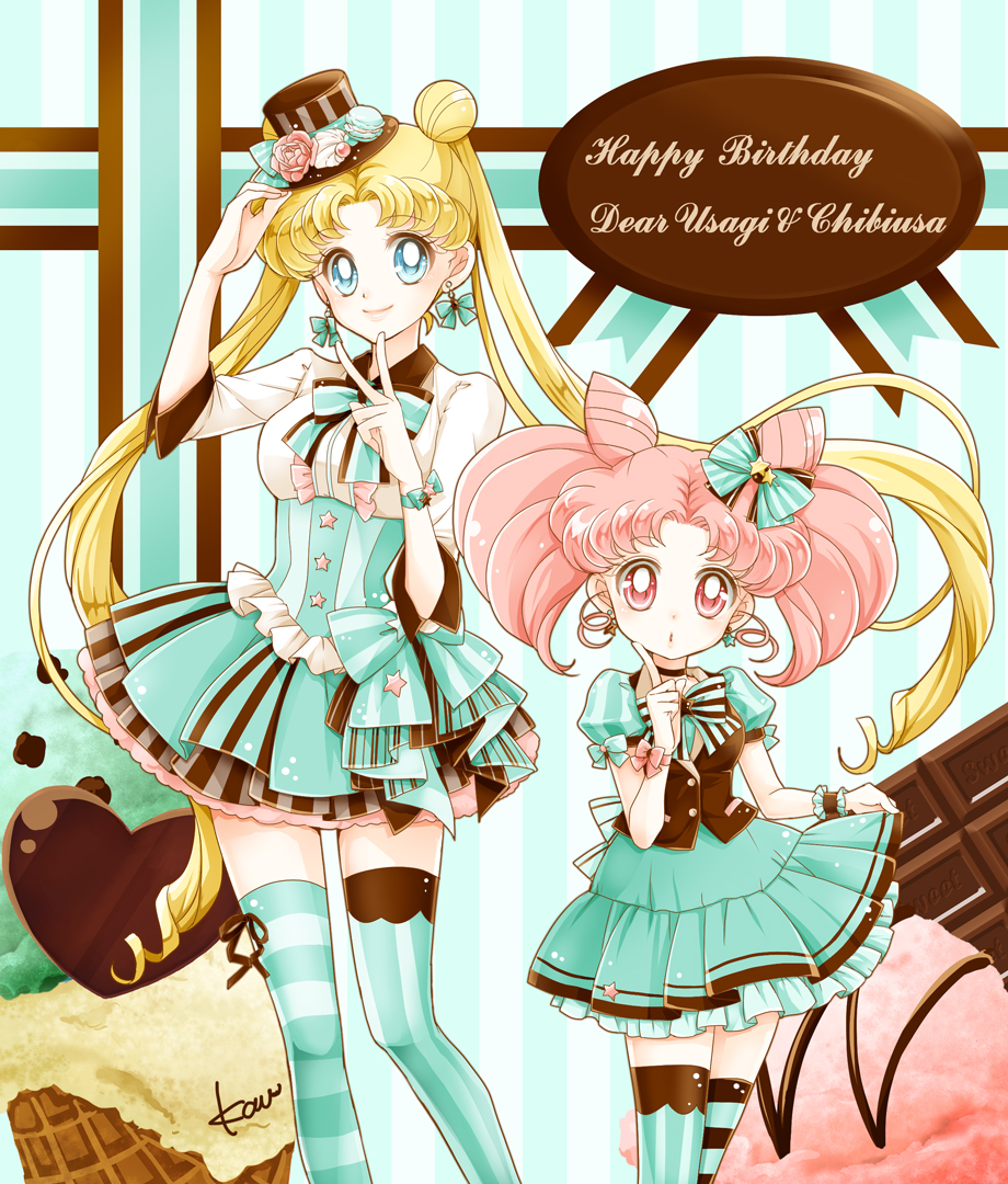 alternate_costume bishoujo_senshi_sailor_moon blonde_hair blue_eyes bow bowtie brown_hat character_name chibi_usa chocolate chocolate_heart choker closed_mouth cropped_legs double_bun dress earrings flower food frills green_bow green_dress green_legwear hair_bow happy_birthday hat heart height_difference ice_cream jewelry long_hair looking_at_viewer macaron mismatched_legwear multiple_girls pink_flower pink_hair pink_rose red_eyes rose sarashina_kau short_hair signature skirt_hold smile standing star star_earrings striped striped_bow striped_legwear thighhighs top_hat tsukino_usagi twintails v vertical-striped_legwear vertical_stripes vest